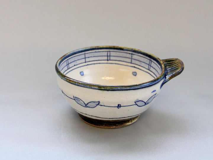 Hand-Pinched Bowl Pot Blue Leaves and Birds - Crafted By Jun Kato