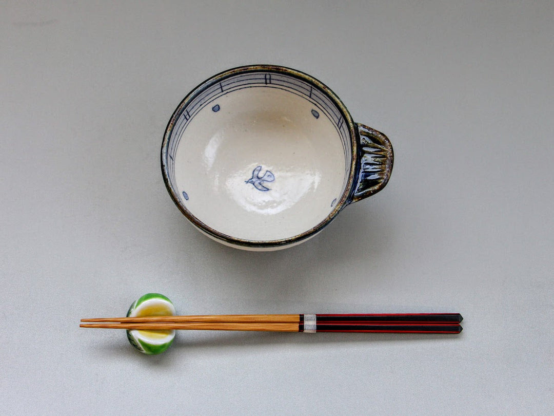 Hand-Pinched Bowl Pot Blue Leaves and Birds - Crafted By Jun Kato