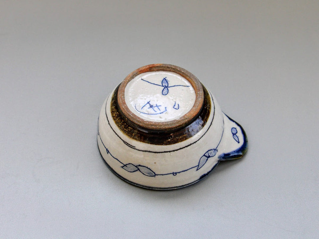 Hand-Pinched Bowl Pot Blue Leaves and Birds - Crafted By Jun Kato