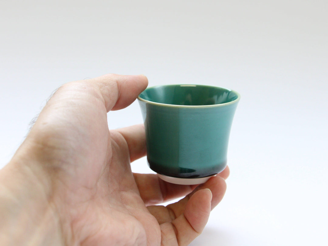 Dark Green Glazed Hemp Leaf Carved Sake Glass - Crafted By Kajiken Seiji