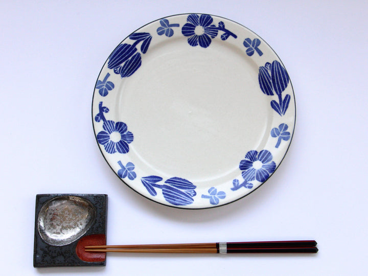 WAshi Underglazed Blue Flower 6.5-Sun Rim Plate - Crafted By Yasumi Pottery