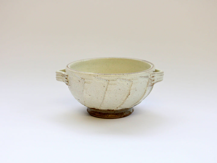 White Slip Matte Carved Soup Cup with Dual Handles - Crafted By Shinji Akane