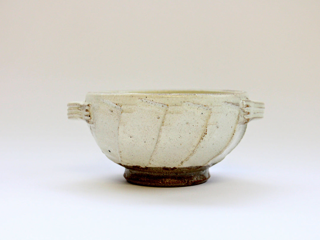 White Slip Matte Carved Soup Cup with Dual Handles - Crafted By Shinji Akane