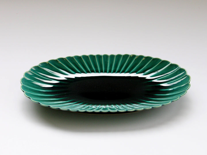 Dark Green Glazed Chrysanthemum-Shaped Oval Plate - Crafted By Kajiken Seiji