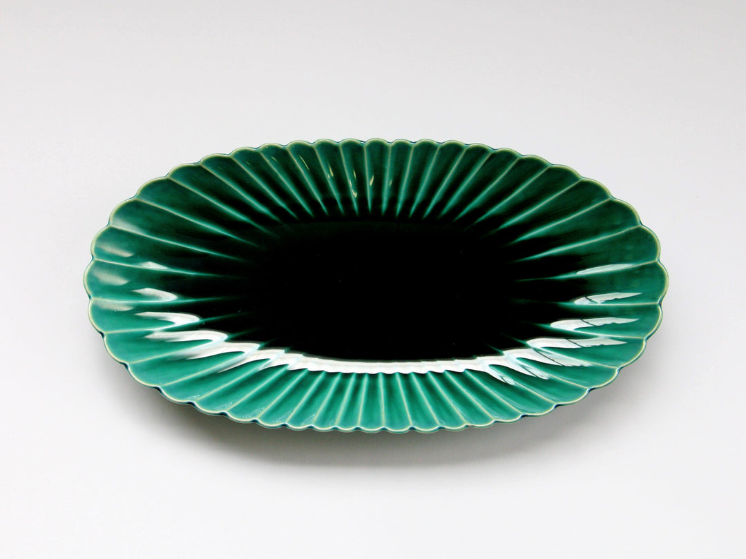 Dark Green Glazed Chrysanthemum-Shaped Oval Plate - Crafted By Kajiken Seiji