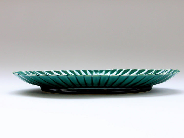 Dark Green Glazed Chrysanthemum-Shaped Oval Plate - Crafted By Kajiken Seiji