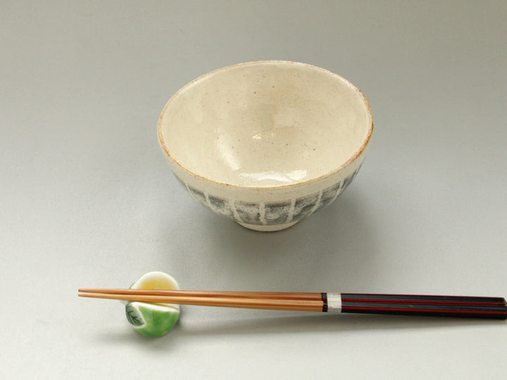 White Slip Striped Rice Bowl - Crafted By Hiroyuki Oguri