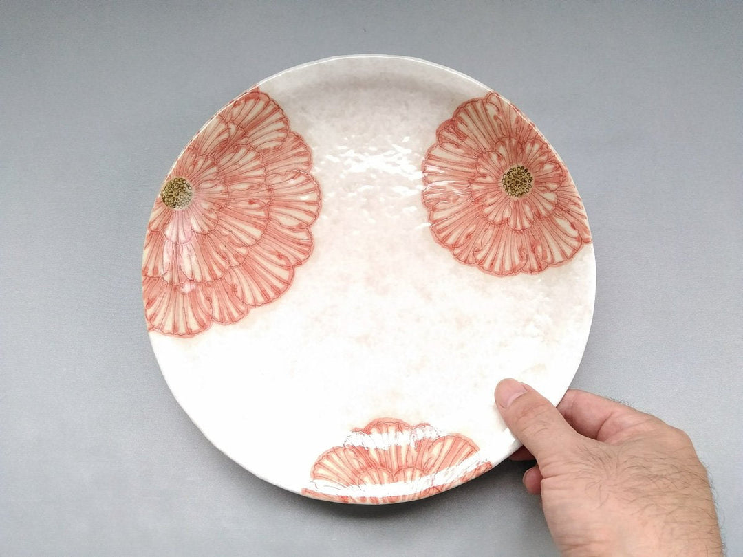 White Slip Peony 7.5-Sun Round Plate Red - Crafted By Yoshihei Kato