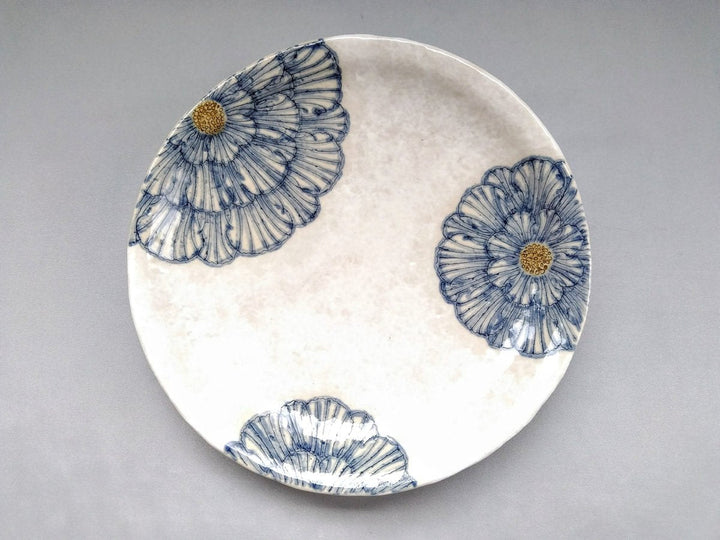 White Slip Peony 7.5-Sun Round Plate Blue - Crafted By Yoshihei Kato