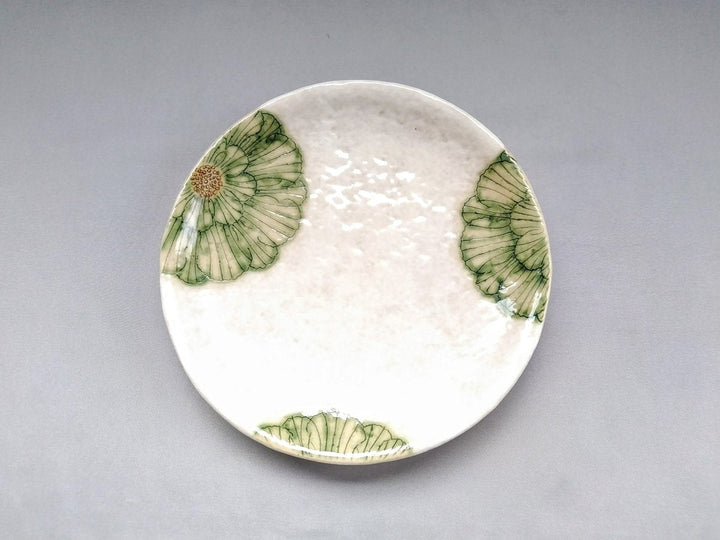 White Slip Peony 6.5-Sun Round Plate Green - Crafted By Yoshihei Kato