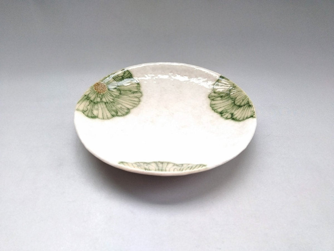 White Slip Peony 6.5-Sun Round Plate Green - Crafted By Yoshihei Kato