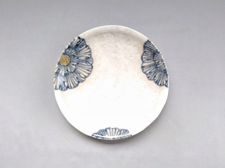 White Slip Peony 6.5-Sun Round Plate Blue - Crafted By Yoshihei Kato