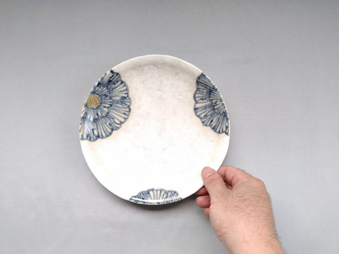 White Slip Peony 6.5-Sun Round Plate Blue - Crafted By Yoshihei Kato