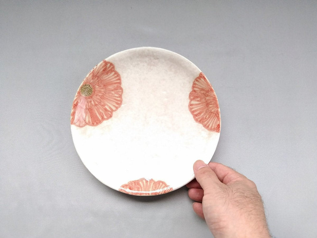 White Slip Peony 6.5-Sun Round Plate Red - Crafted By Yoshihei Kato