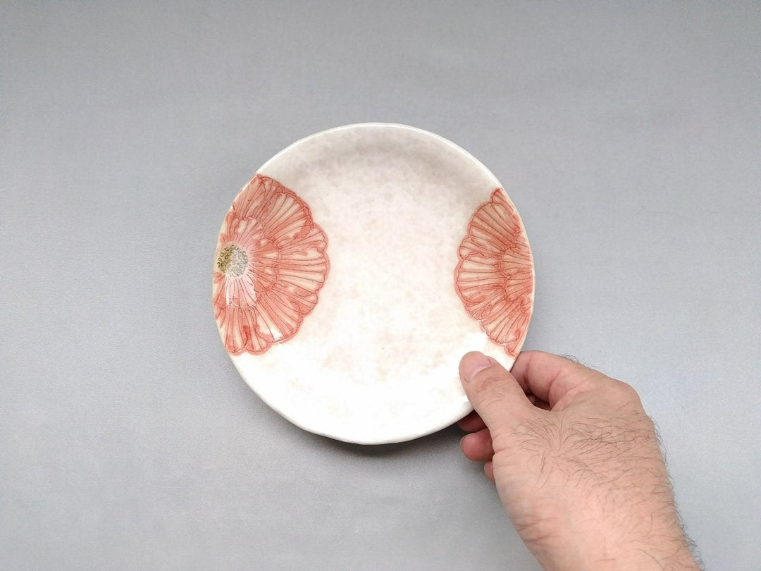 White Slip Peony 5.5-Sun Round Plate Red - Crafted By Yoshihei Kato