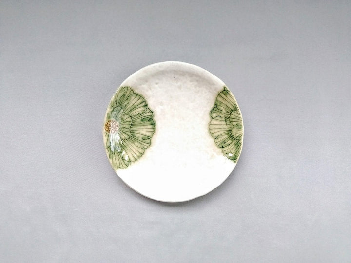 White Slip Peony 5.5-Sun Round Plate Green - Crafted By Yoshihei Kato