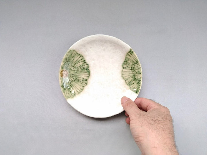 White Slip Peony 5.5-Sun Round Plate Green - Crafted By Yoshihei Kato