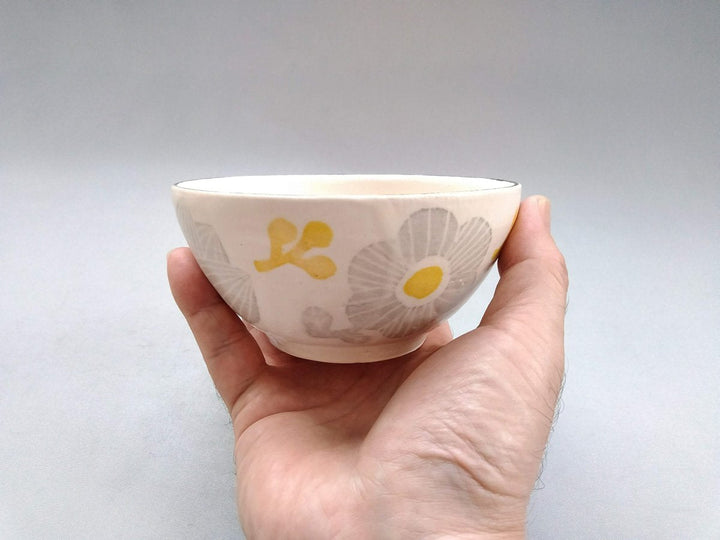 Washi-Dyed Gray with Yellow Flowers Rice Bowl - Crafted By Yasumi Pottery