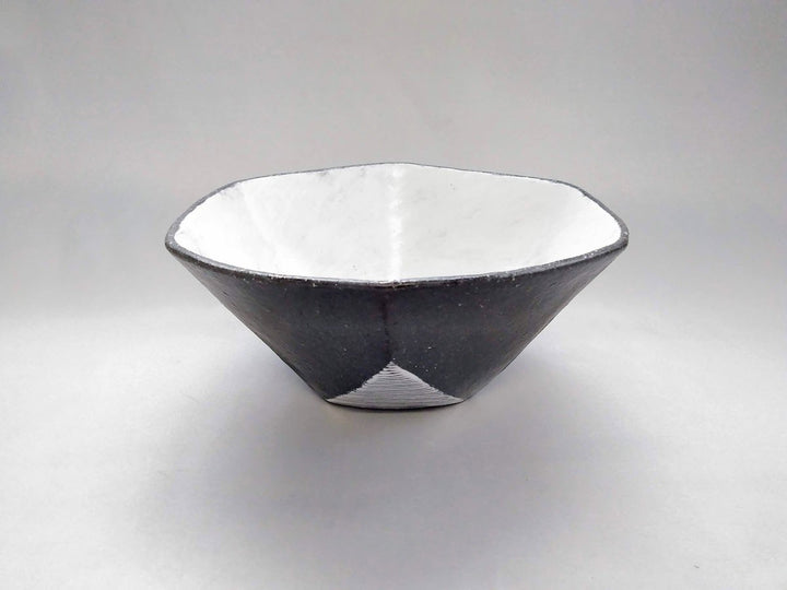 Black Glazed White Line Carved Hexagonal Bowl Large - Crafted By Tatsuo Otomo