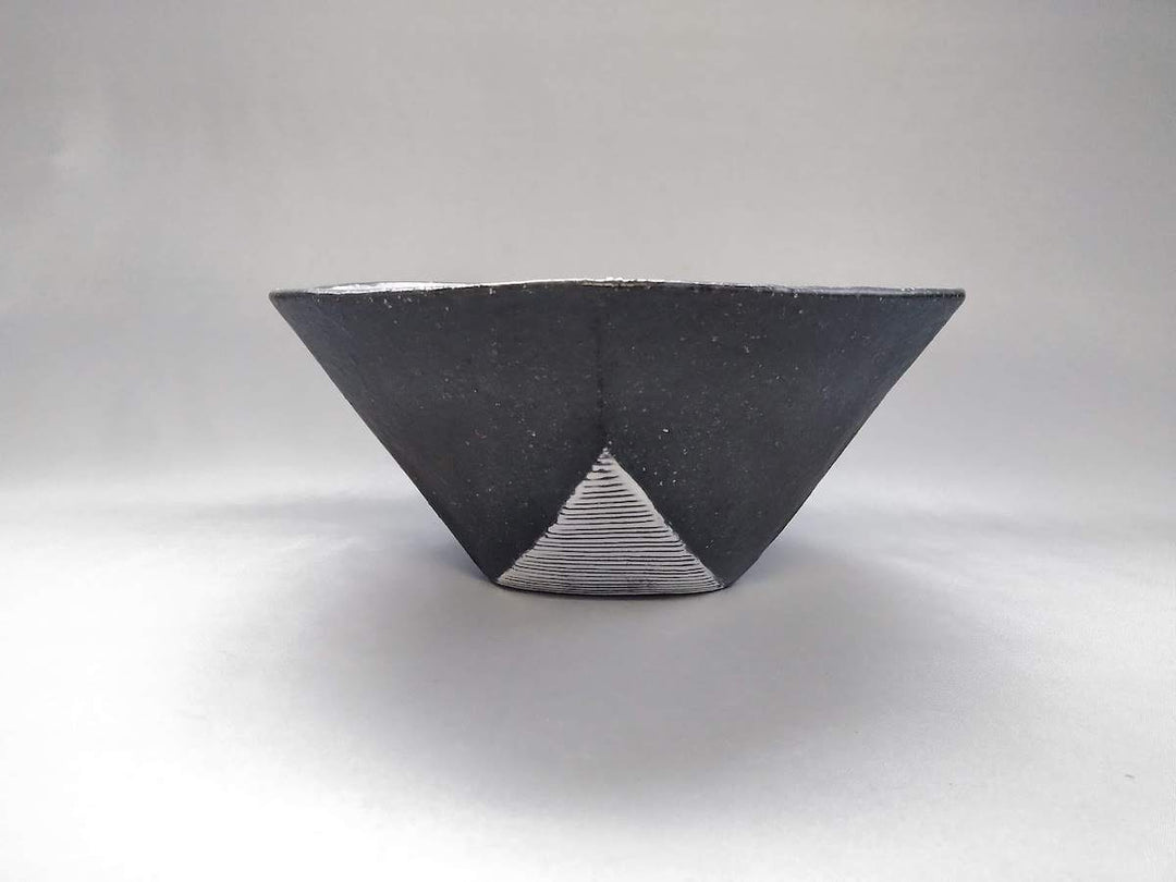 Black Glazed White Line Carved Hexagonal Bowl Large - Crafted By Tatsuo Otomo