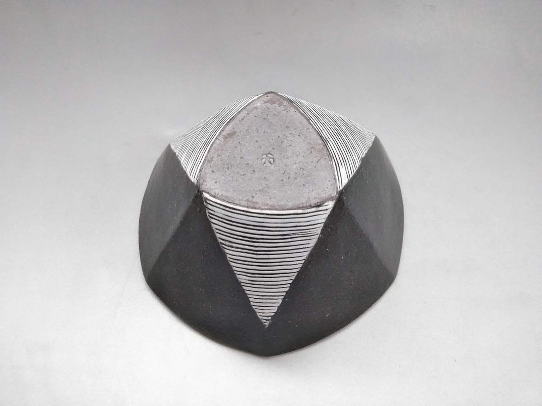 Black Glazed White Line Carved Hexagonal Bowl Large - Crafted By Tatsuo Otomo