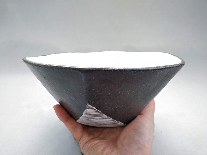 Black Glazed White Line Carved Hexagonal Bowl Large - Crafted By Tatsuo Otomo