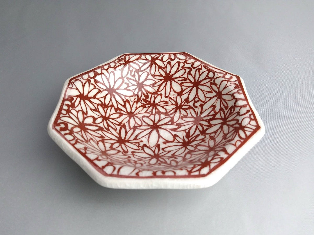 Flower-filled Octagonal Small Plate Red - Crafted By Kikaku Pottery