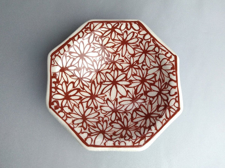 Flower-filled Octagonal Small Plate Red - Crafted By Kikaku Pottery