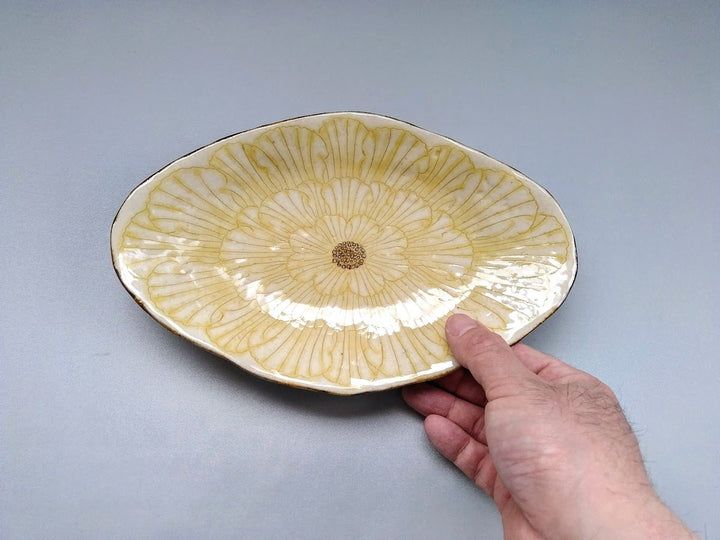 Peony Flower Boat-Shaped Plate Yellow - Crafted By Yoshihei Kato