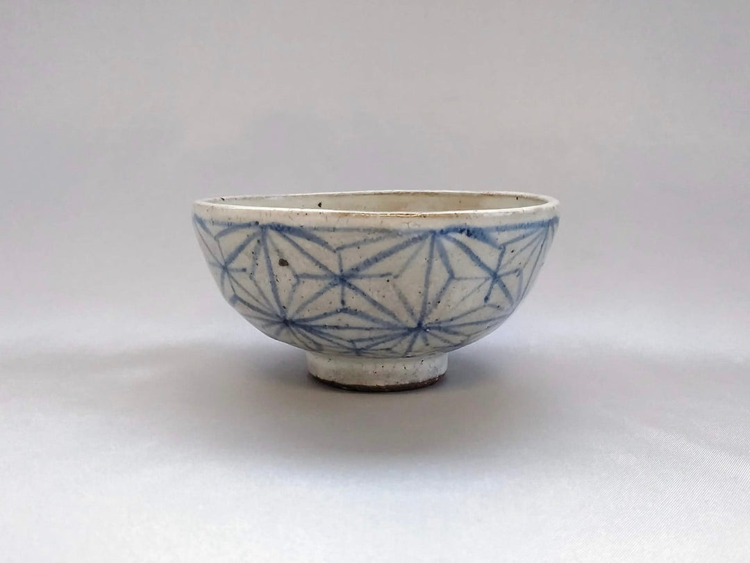 White Slip Hemp Leaf Round Rice Bowl Blue - Crafted By Shigehisa Miura