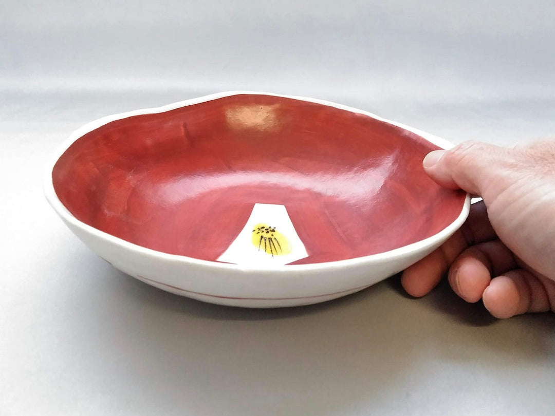 Red-painted Camellia 7-Sun deformed Bowl - Crafted By Masaaki Hibino