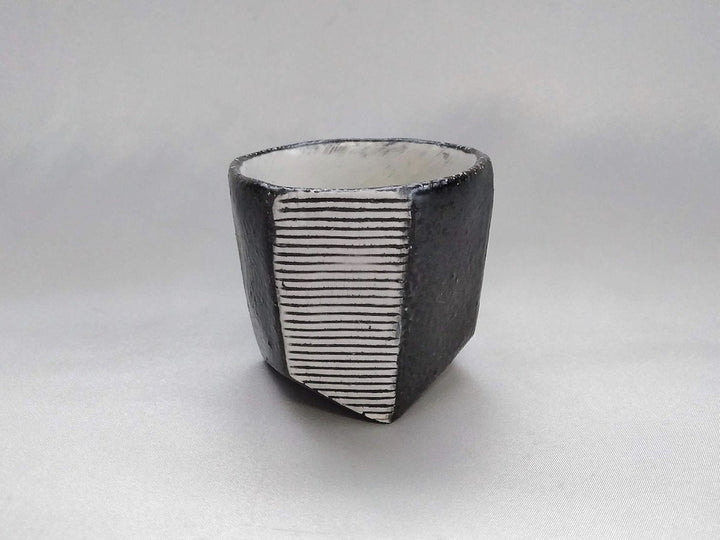 Black Glazed White line Carved Hexagonal Tea Cup - Crafted By Tatsuo Otomo