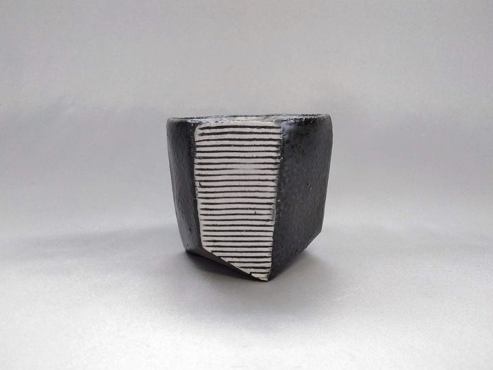 Black Glazed White line Carved Hexagonal Tea Cup - Crafted By Tatsuo Otomo