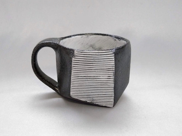 Black Glazed White line Carved Hexagonal Mug - Crafted By Tatsuo Otomo