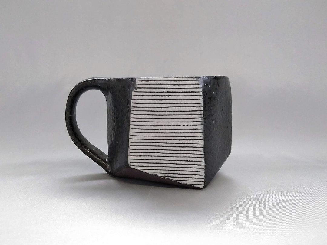 Black Glazed White line Carved Hexagonal Mug - Crafted By Tatsuo Otomo